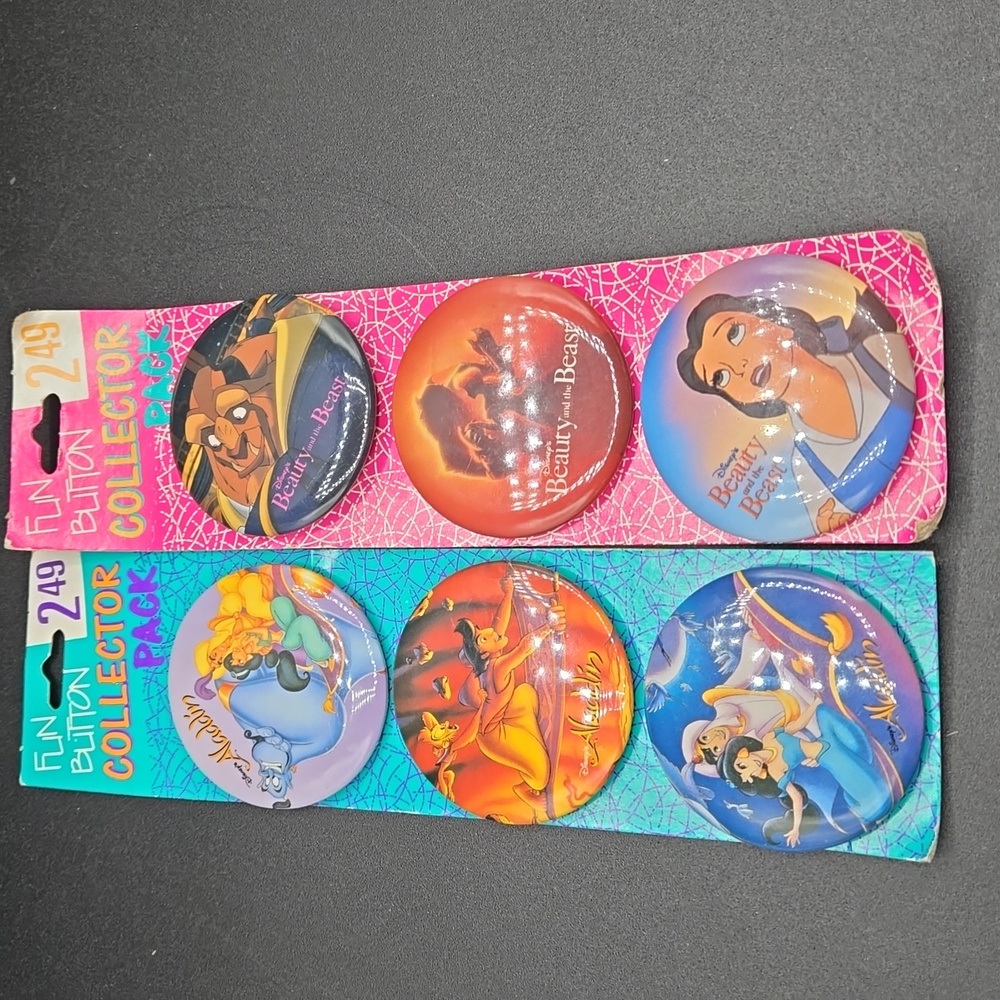 Vintage 1992 Fun Button Collector Packs Beauty and The Beast & Aladdin Buttons